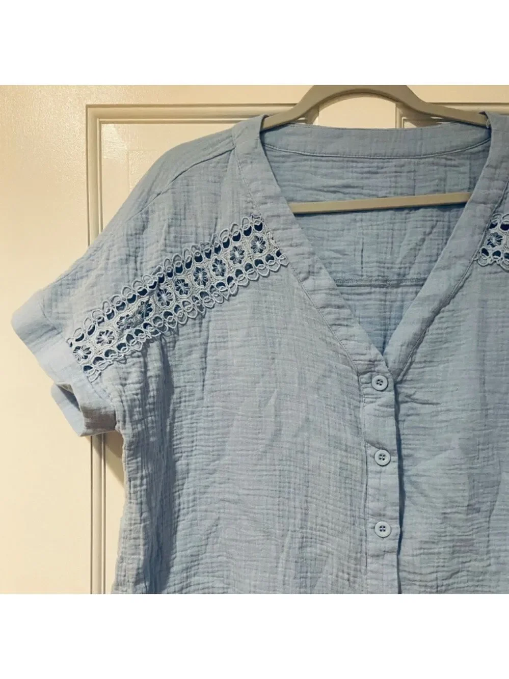 Cupshe Light Blue V-Neck Button Front Crochet-Trim Blouse